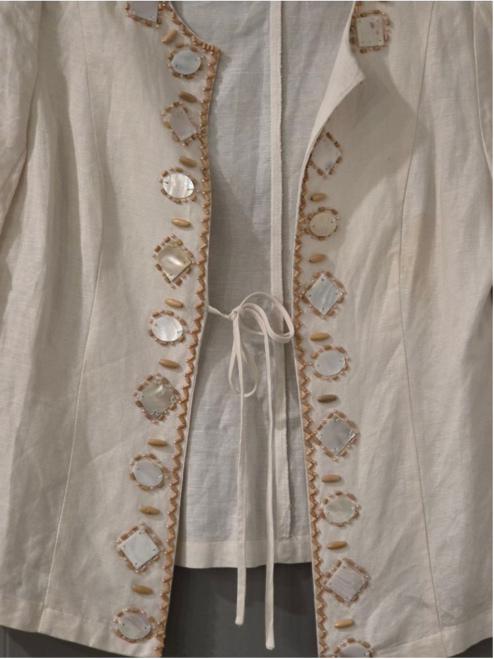 Women's Plaza South Beige Blazer with Brown Embellishments, Size 8